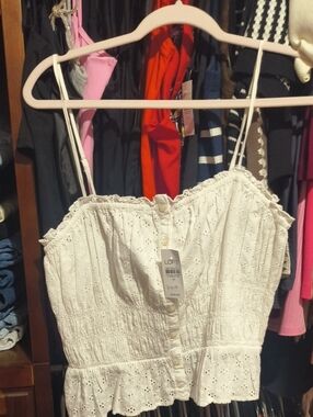 LOFT White Eyelet Button-Front Smocked Spaghetti Strap Camisole